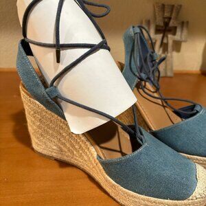New Denim lace up crochet wedge